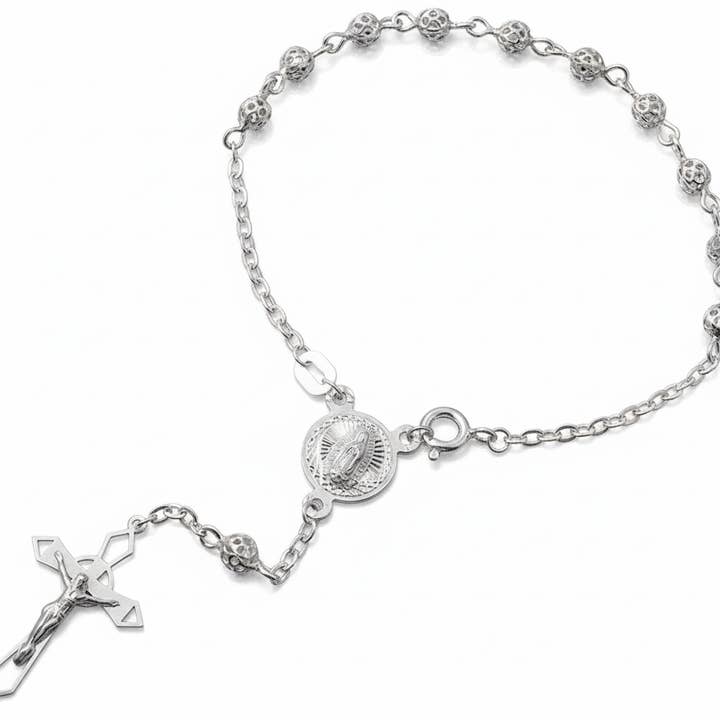 Silver Rosary Bracelet of Our Lady of Guadalupe with Filigree Beads 7.5 for wholesale by Guadalupe Gifts