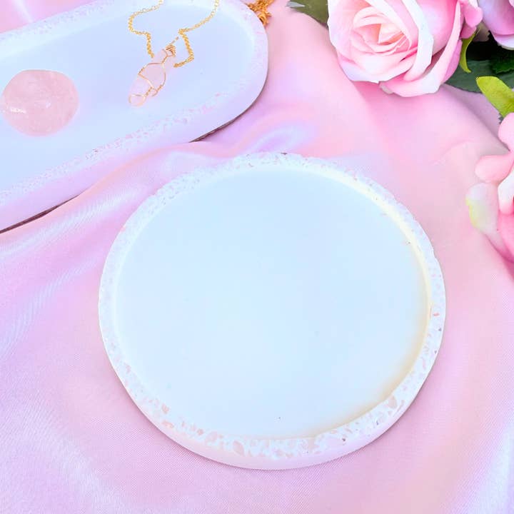 Rose Quartz-Edged Round Tray - Handmade eco-friendly deco for wholesale by Velarosa Studio LLC