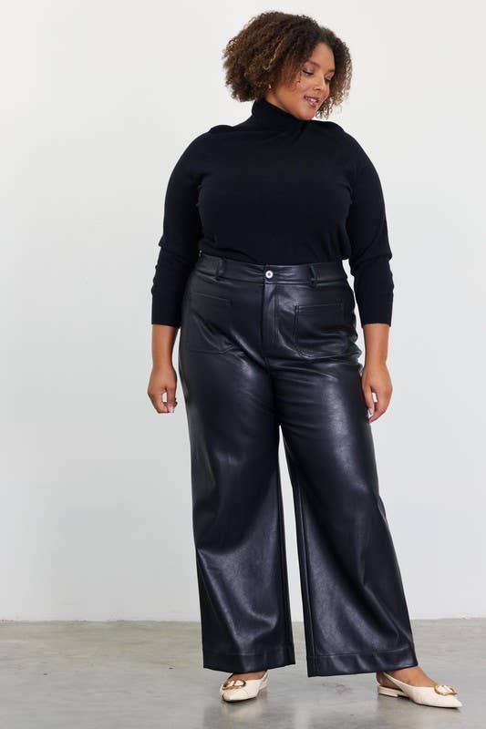 SKIES ARE BLUE – wholesale Pants – Women's – Plus Size Faux Leather Wide Leg Pants 1