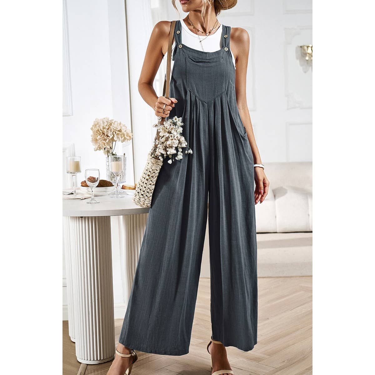 Supreme Fashion - Wholesale Overalls - Women's - Button Detail Wide Leg Overall Pockets Jumpsuit12