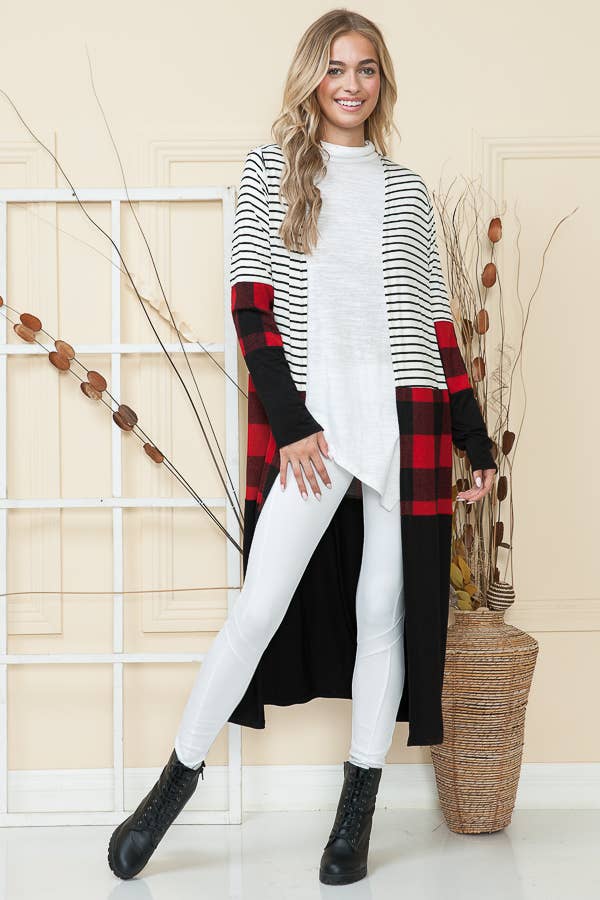 MAXI STRIPE AND PLAID COLOR BLOCK OPEN CARDIGAN for wholesale on Faire