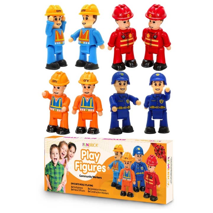 8-Set People Figures for Kids - Community Helpers - Police, Fireman, Construction workers - Play Figurine Set for wholesale by FUNERICA