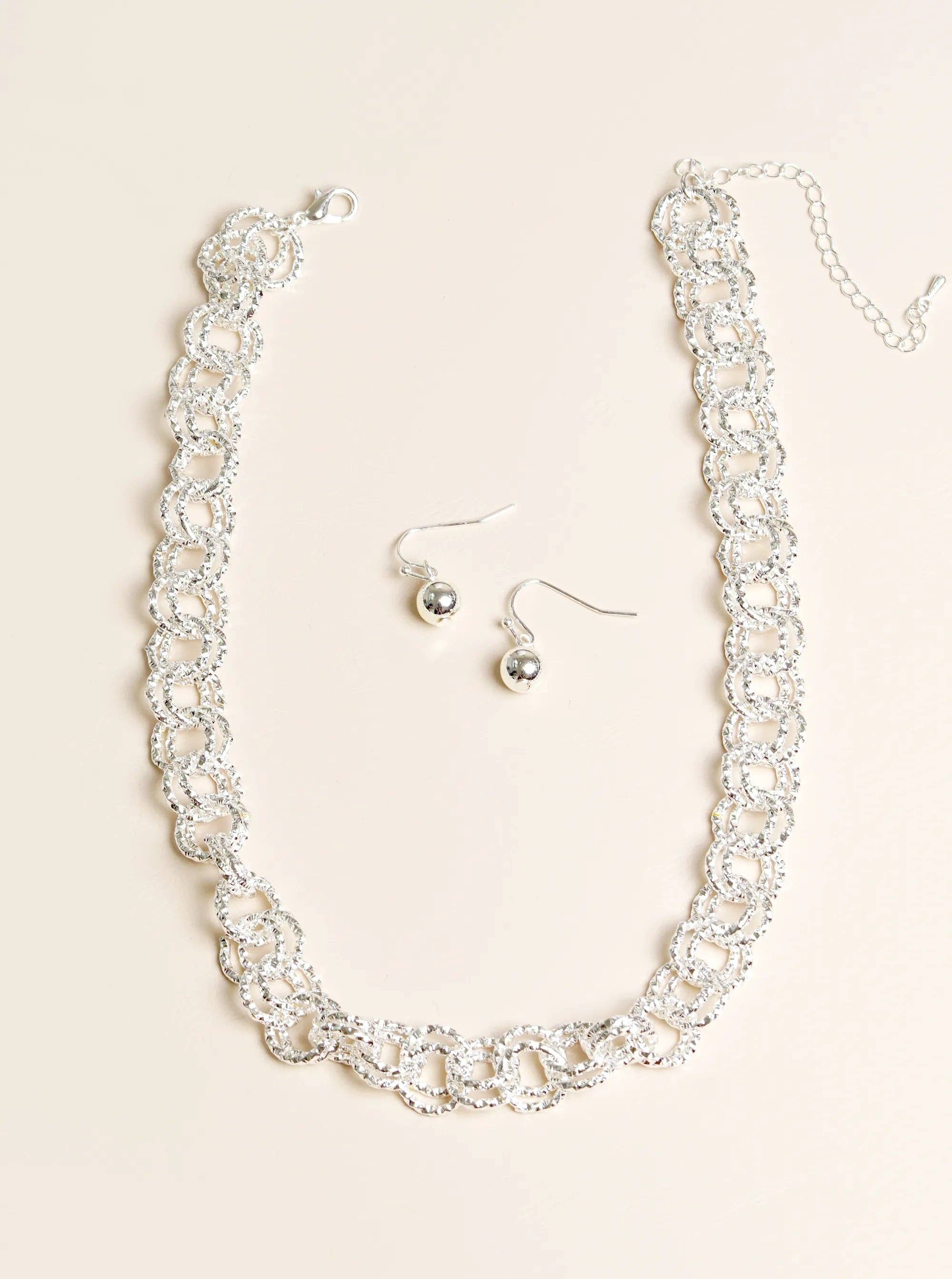 Silver Textured Metal Chino Link Chain Necklace & Earrings Set for wholesale on Faire