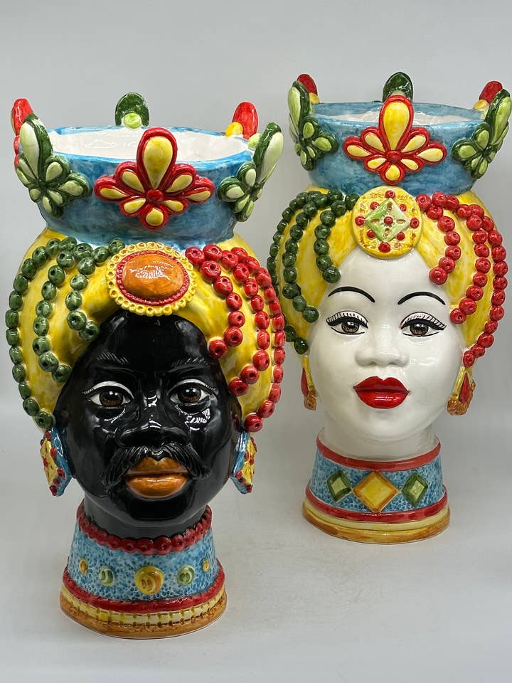 Moorish Heads Masai Caltagirone Ceramic cm H.38 W.21 Handcrafted Sicilian Décor for wholesale by DD Ceramiche Siciliane
