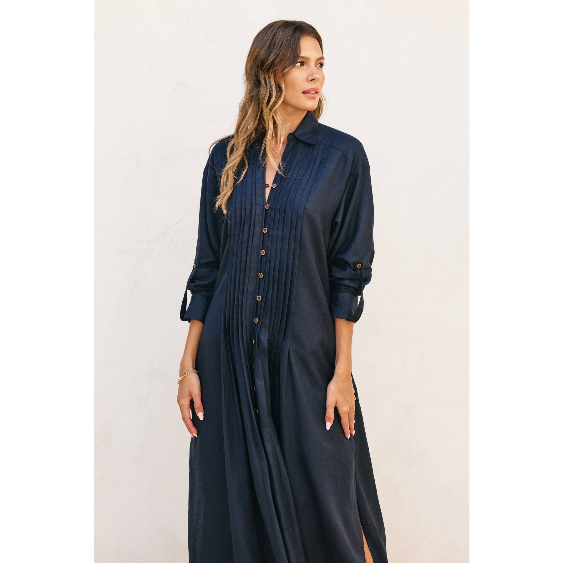 Dress Forum - Wholesale Dress - Women's - Cotton Linen Pleated Longline Shirt Dress (1)25