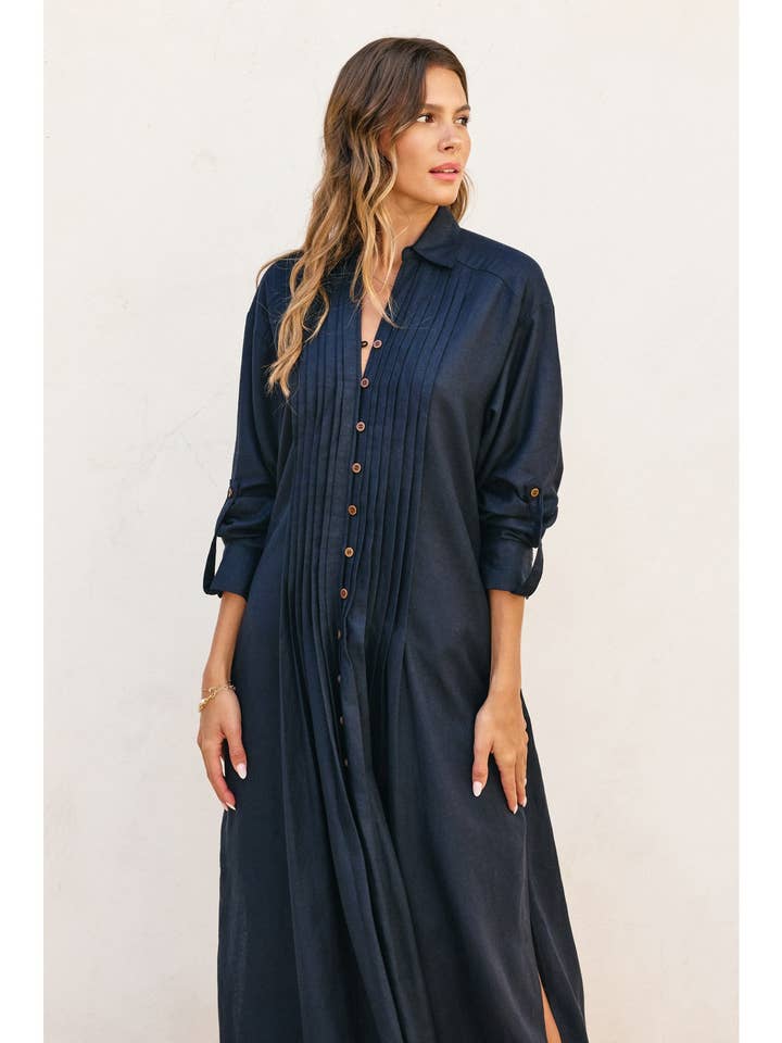 Dress Forum - Wholesale Dress - Women's - Cotton Linen Pleated Longline Shirt Dress (1)25