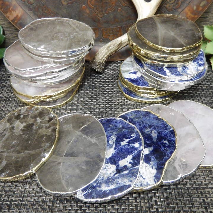 Rock Paradise – wholesale Coasters – Crystal Stone Coasters Silver/Gold Plated Set of 4