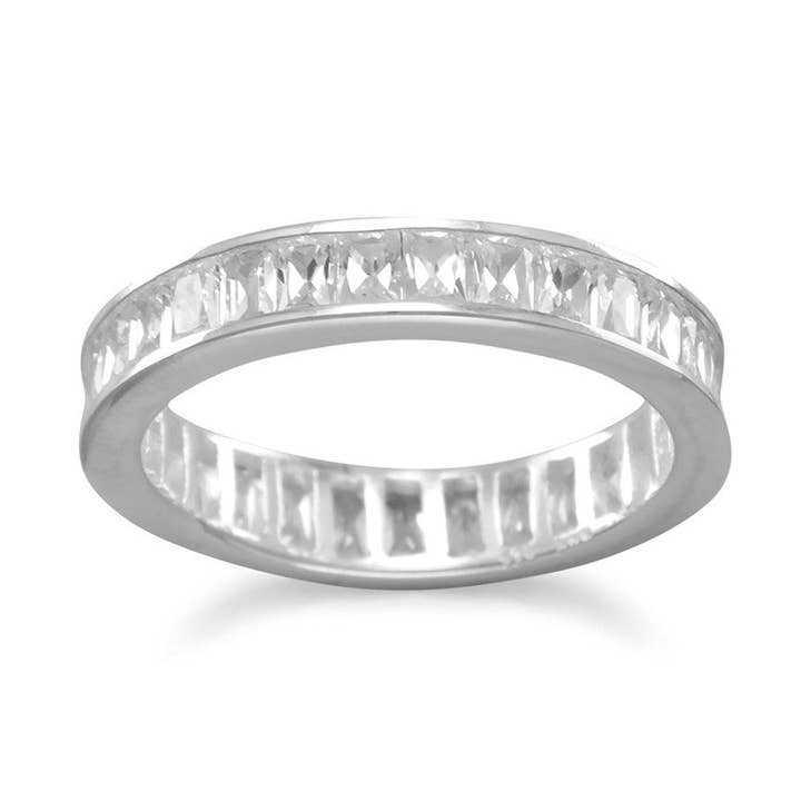 Rhodium Plated 4mm Baguette CZ Eternity Band for wholesale by Silver Stars Collection