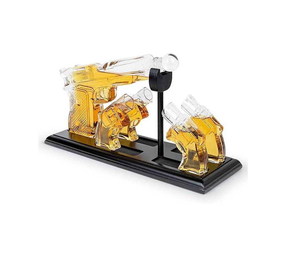 Bezrat - Vendita all'ingrosso Decanter - Set regalo decanter whisky a forma di pistola con bicchierini e vassoio in mogano4