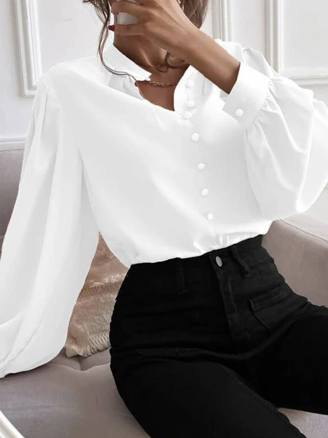 UNISHE - Wholesale Buttoned-down shirt – Women's - Plain Button V Neck Blouse Shirt GSS0992