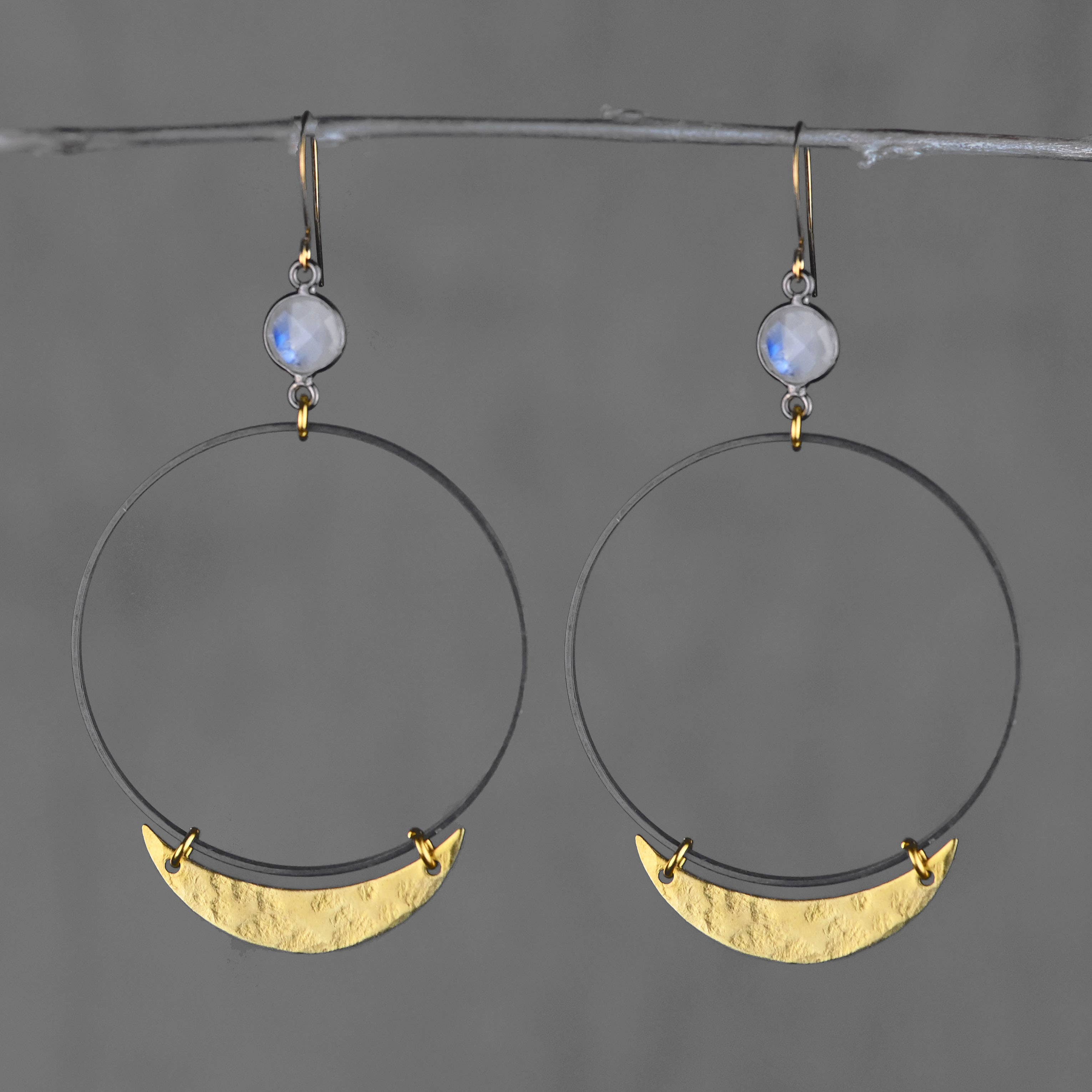 Wholesale 50mm Black Hoop W/ Gem & Hammered Crescent Moon