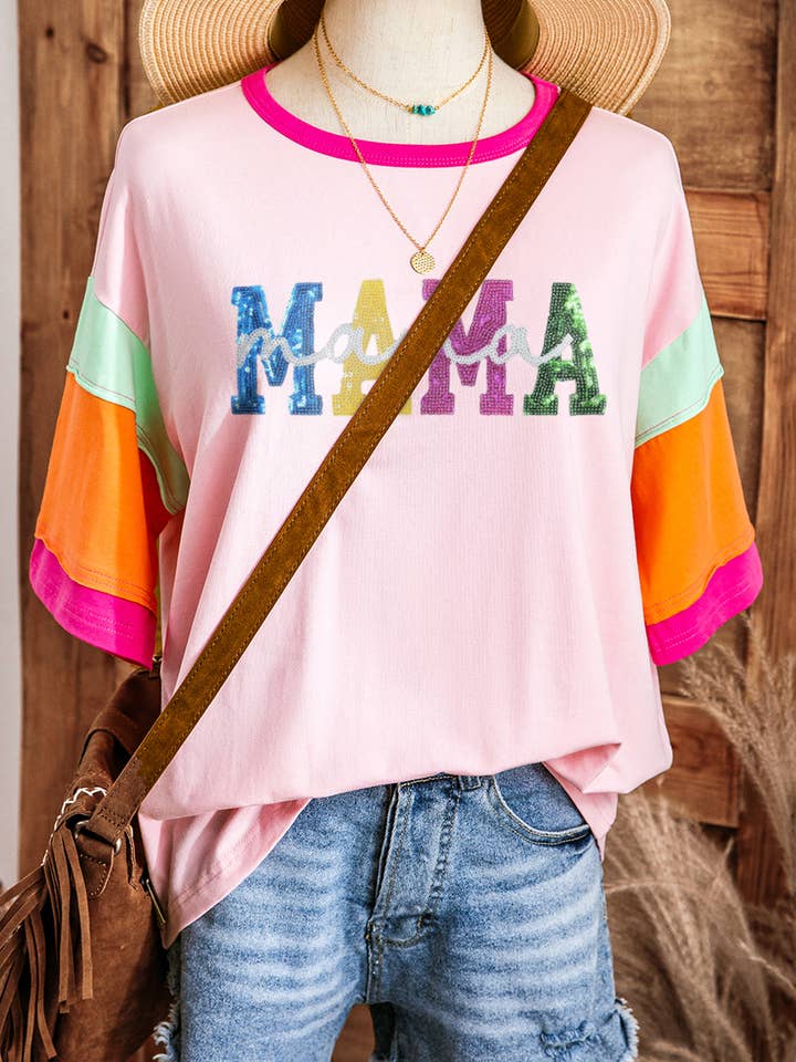 Fashion-W Sequin MAMA Letter Colorblock Patchwork Sleeve Tee for wholesale by fashionworks