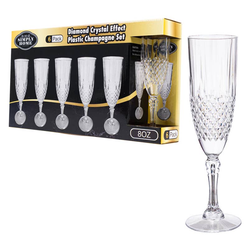 Deluxe Import Trading - Wholesale Champagne Flute - Diamond Crystal Effect Plastic Champagne Set - 8oz - 6 Pack0