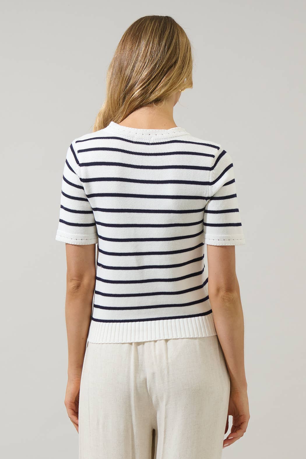 White Navy Tessie Stripe Short Sleeve Sweater Top for wholesale on Faire1