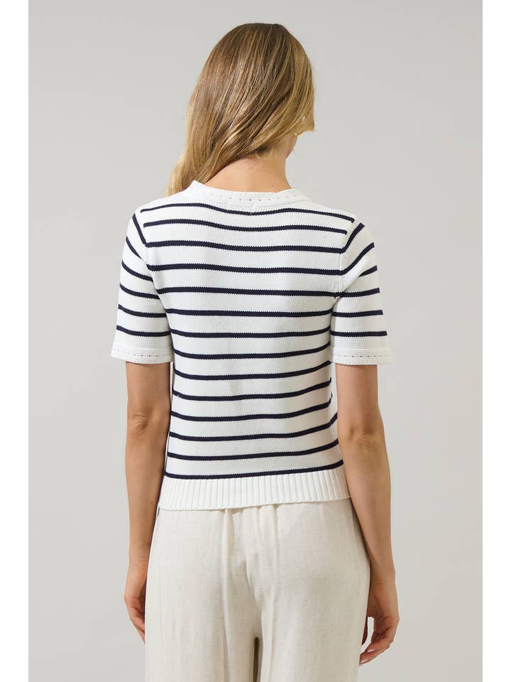 White Navy Tessie Stripe Short Sleeve Sweater Top for wholesale on Faire1