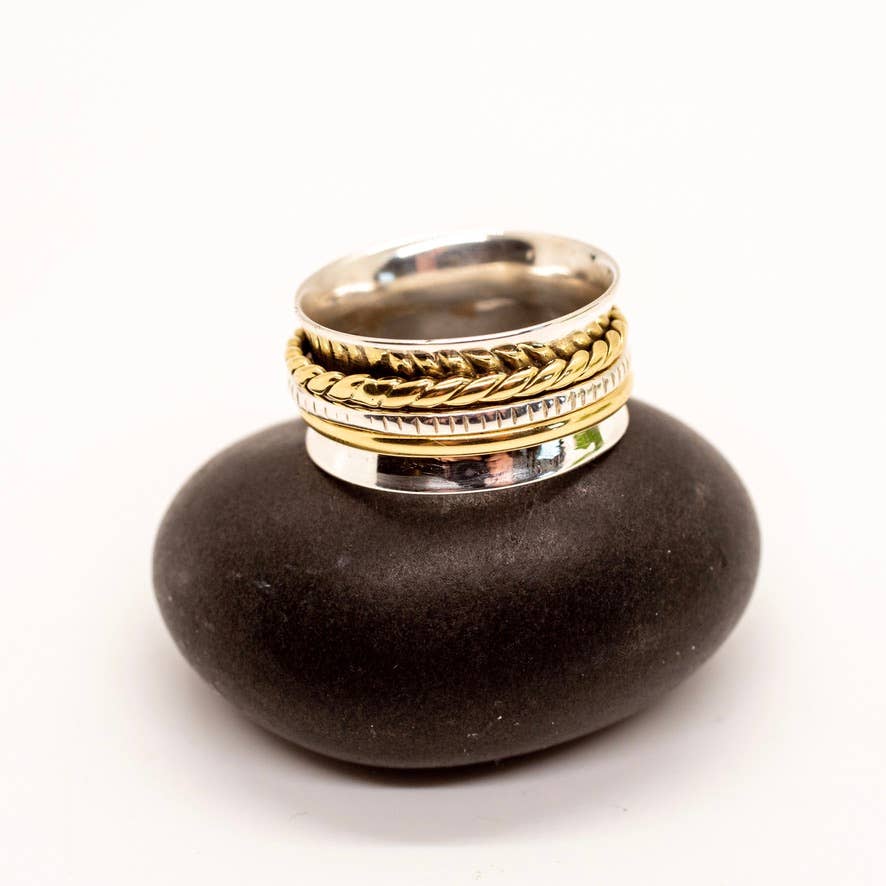 Baizaar - Wholesale Band/gestapelde ring - Zilveren spinner ring met drie verschillende gedetailleerde banden2