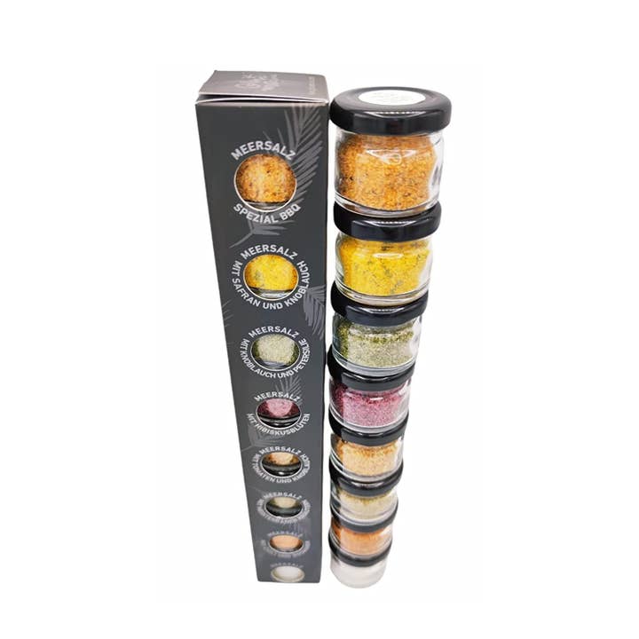 Simply Wood – Großhandel Salz-Pfeffer-Mischung – GlosaMarina Gourmet Salz Set 8*25g Black Edition