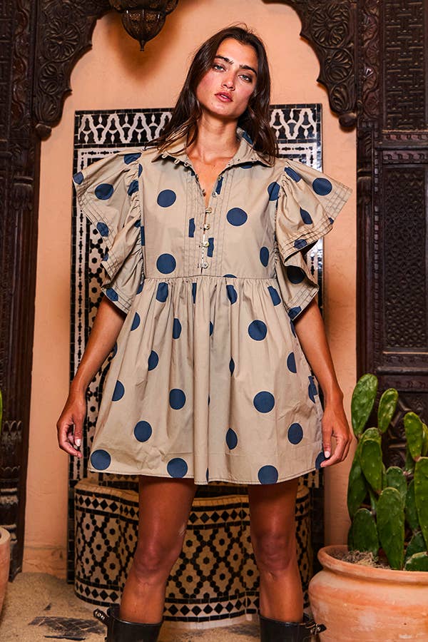 BUCKETLIST INC - Wholesale Dress - Women's - ID4283 Ruffle Sleeve Pintuck Detail Polka Dot Mini Dress15