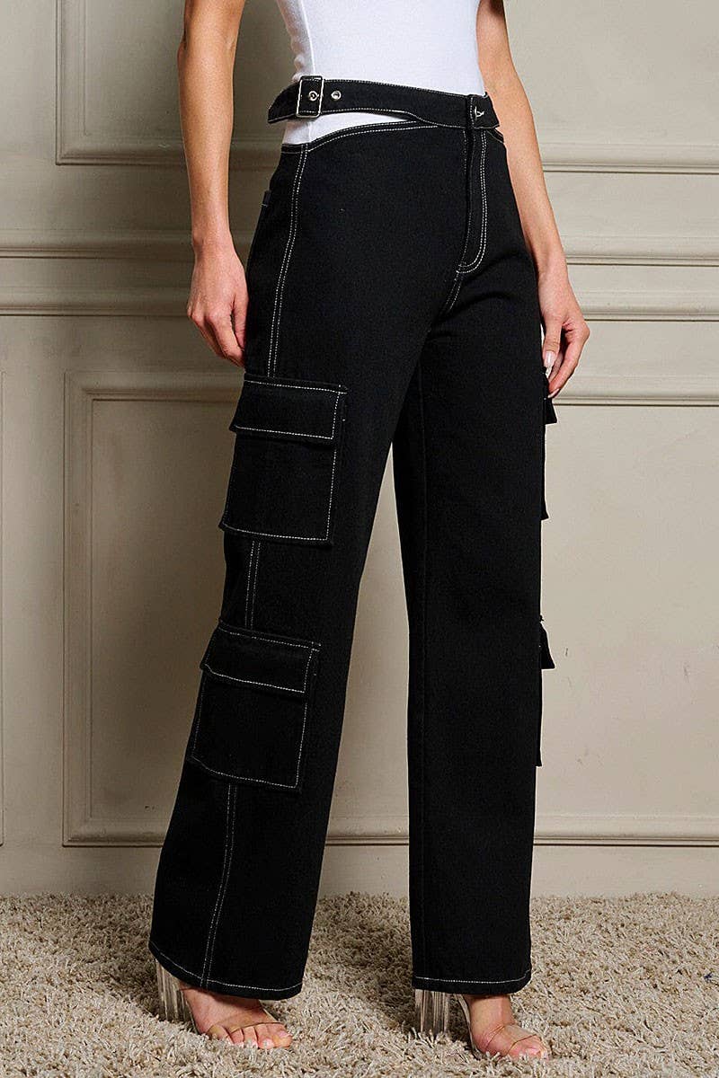 Black BUTTON CLOSURE CARGO POCKETS DENIM PANTS for wholesale on Faire0
