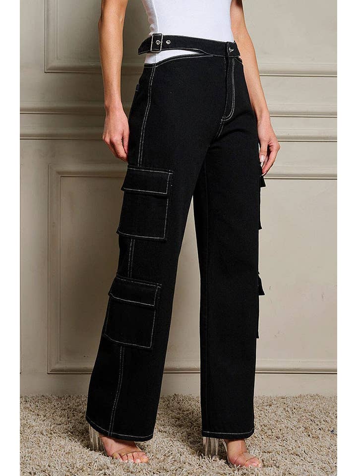 Black BUTTON CLOSURE CARGO POCKETS DENIM PANTS for wholesale on Faire