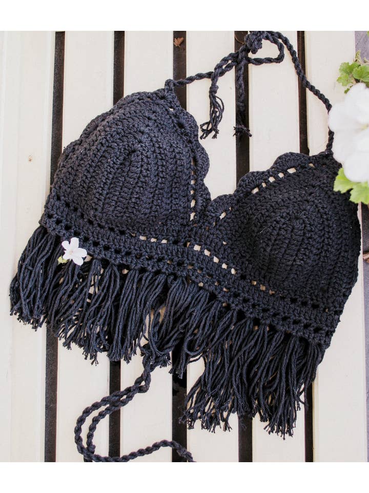 mayAqua - Vente Haut en maille – femme - Haut en crochet noir, haut à franges en crochet, vêtements hippie des années 60