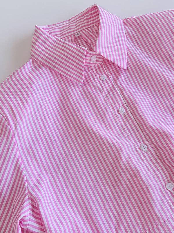 Sheer Trend - Wholesale Button Down Shirt - Women's - Long Sleeves Loose Asymmetric Split-Joint Striped Lapel Blouses6