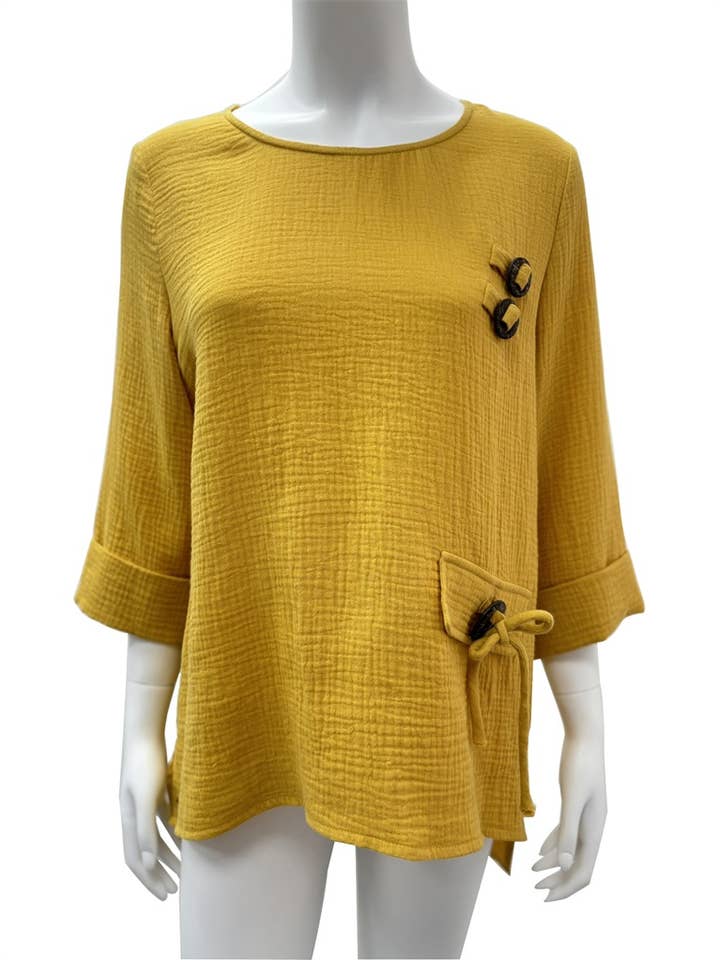 Katoenen knoop en touwknoop versierde 3/4 mouw gouden top voor wholesale door Rising International Inc