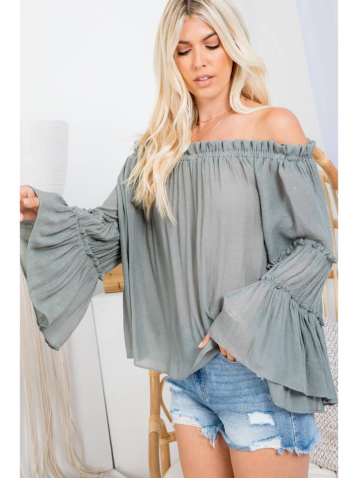 Sweet Lovely by Jen - Wholesale Blouse โ Womenโs - TIERED BELL SLEEVE OFF SHOULDER TOP42