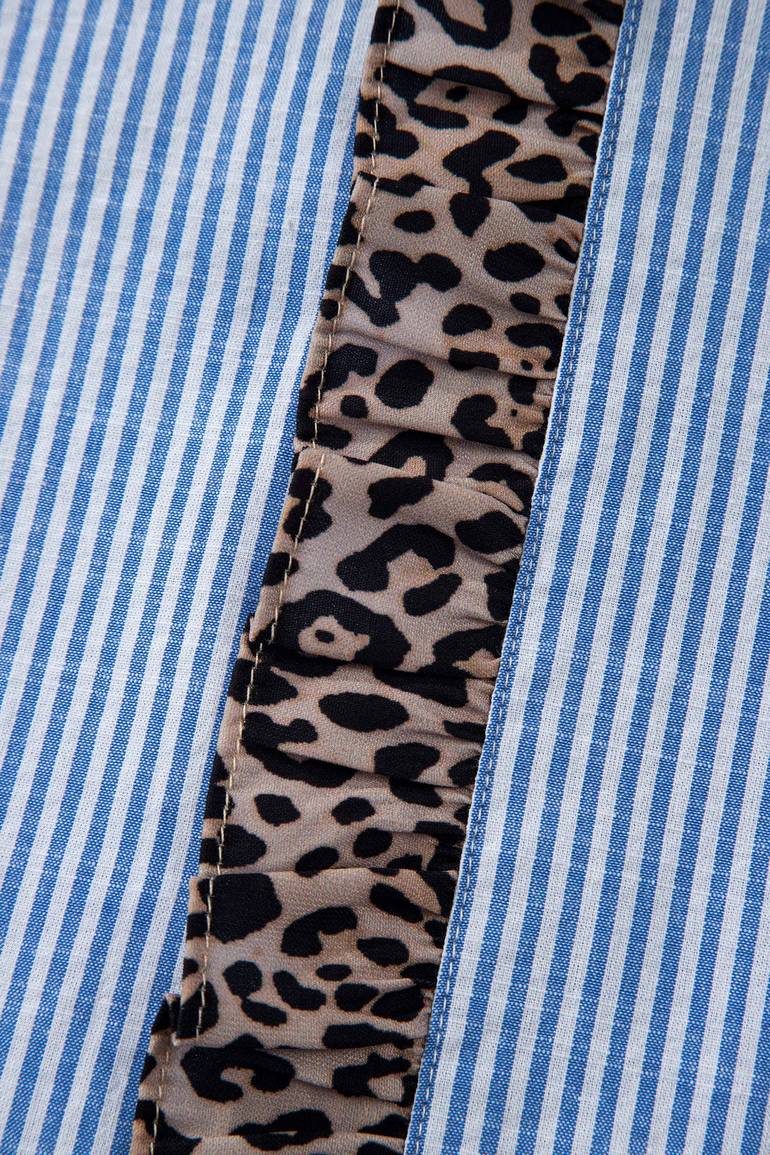 bleu Chemise décontractée à volants avec contraste rayé et bordure léopard (S-XL) en vente sur Faire6