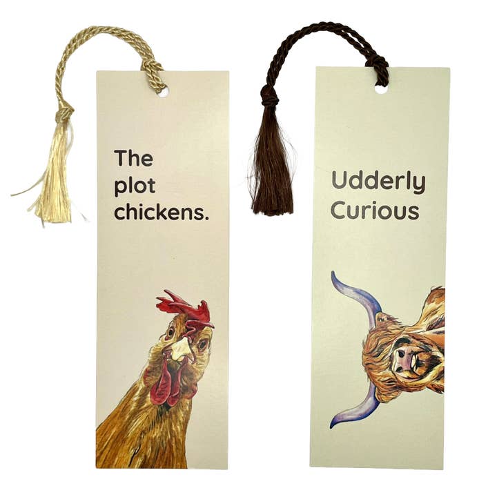 Funny Chicken or Highland Cow Two-Sided Tassel Bookmark for wholesale by Forever Caroline LLC