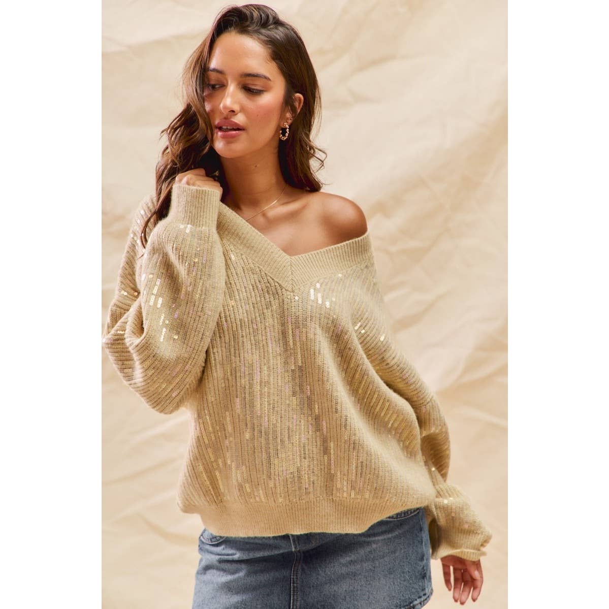 IVE - Vente Pull en maille – femme - Haut Pull de Noël à Col en V avec Paillettes Transparentes de Vacances1