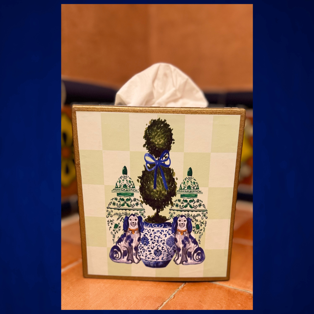TOPICS IN THE TROPICS - Wholesale Tissue Box - Paper Mache Kleenex Box Staffordshire dogs and topiary2