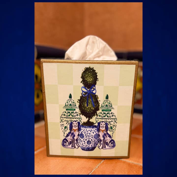 TOPICS IN THE TROPICS - Wholesale Tissue Box - Paper Mache Kleenex Box Staffordshire dogs and topiary2