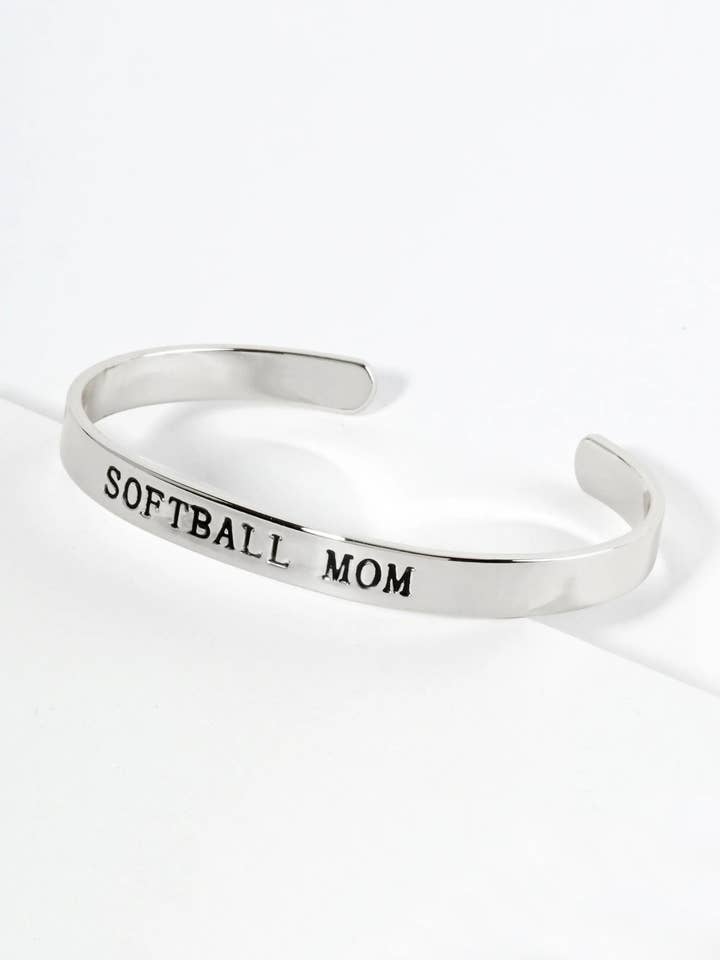 Softball Mom 18K Gold Dipped Engraved Cuff Bracelet for wholesale by Wild Honey
