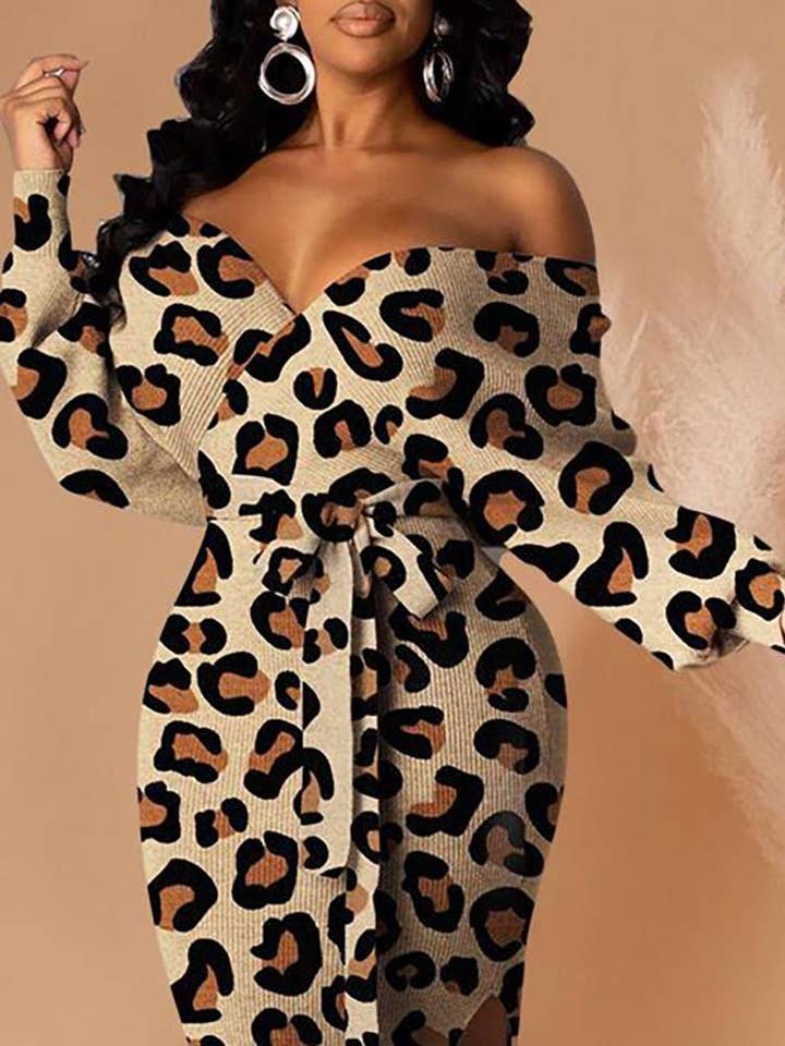 ribbed off shoulder leopard print slit dress for wholesale by Queen Fashion