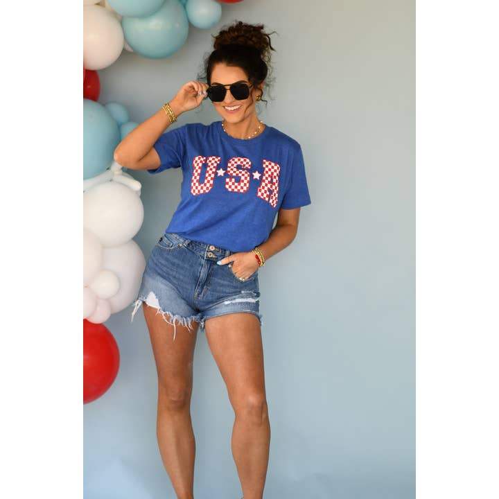 Heather Royal RTS Blue Checkered USA Tee for wholesale on Faire