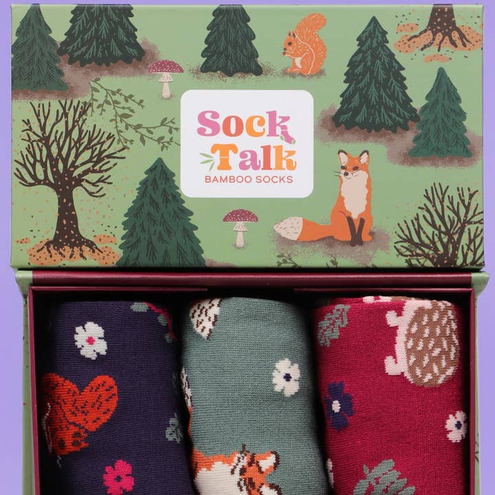 Women's Woodland Animals Fox Squirrel Hedgehog Gift Set Box for wholesale by Sock Talk
