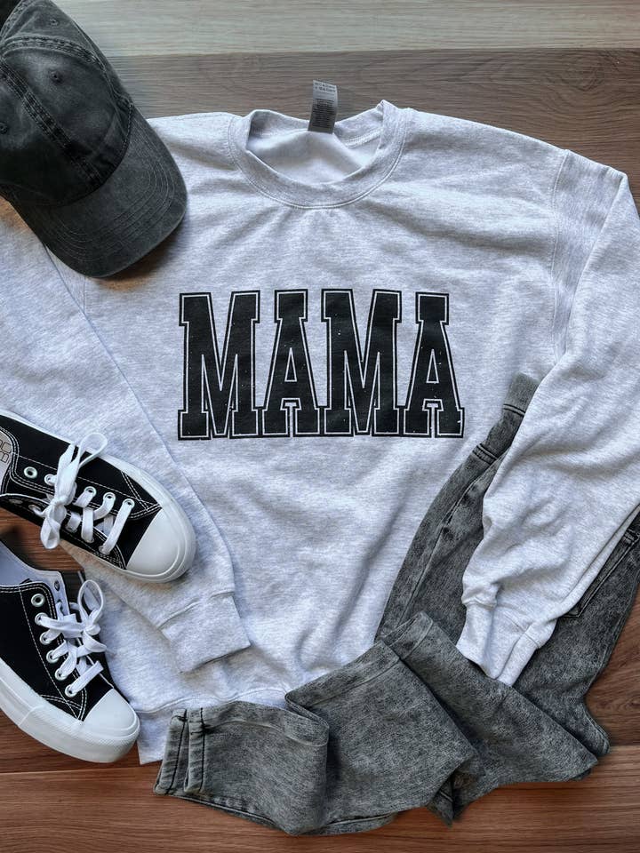 D&E Tees - Wholesale Graphic Sweatshirt - Women's - Mama Distressed Ash Graphic Sweatshirt