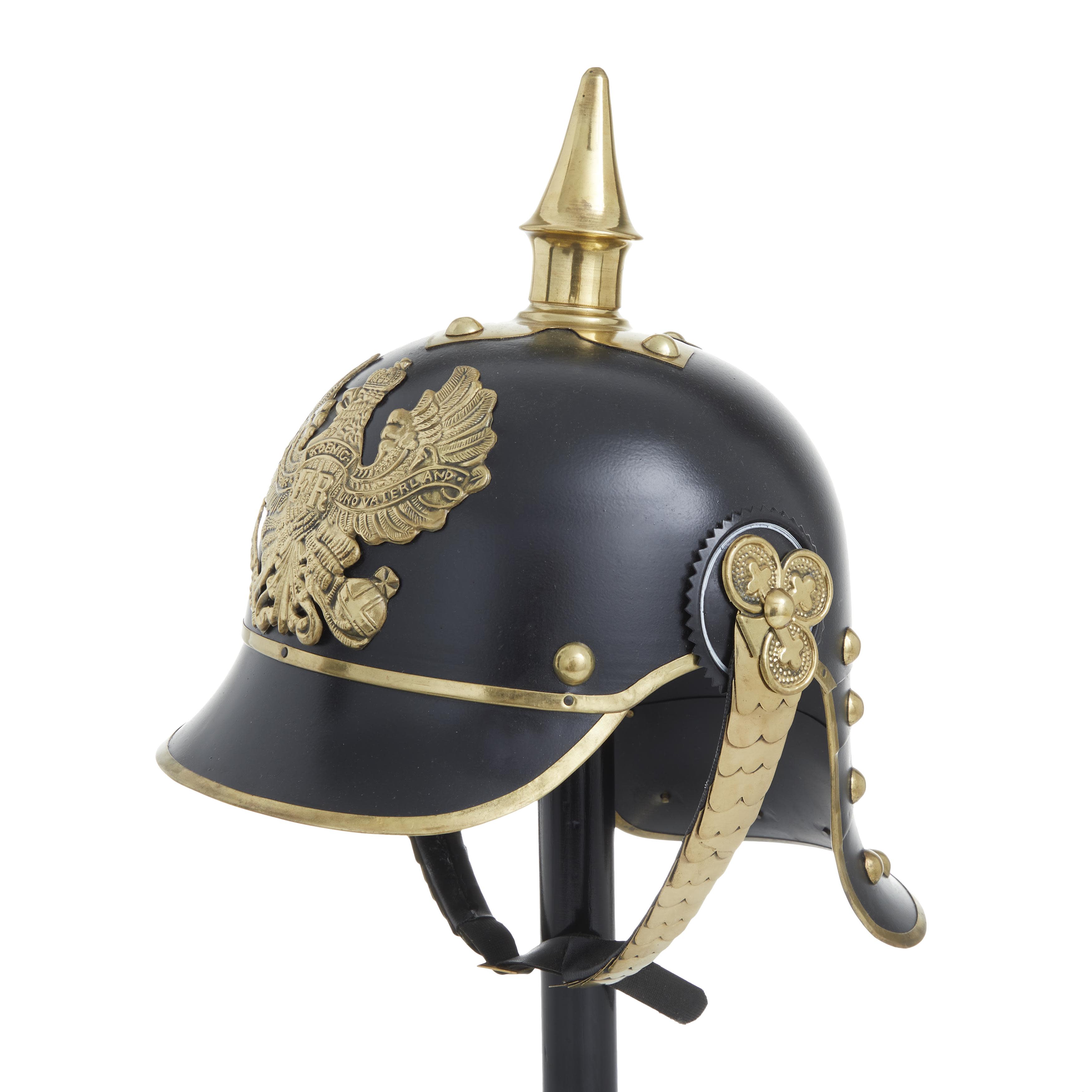 Import Corner – wholesale Decorative tabletop object – A-82622: METAL HELMET WITH WOOD STAND 9"W, 20"H5