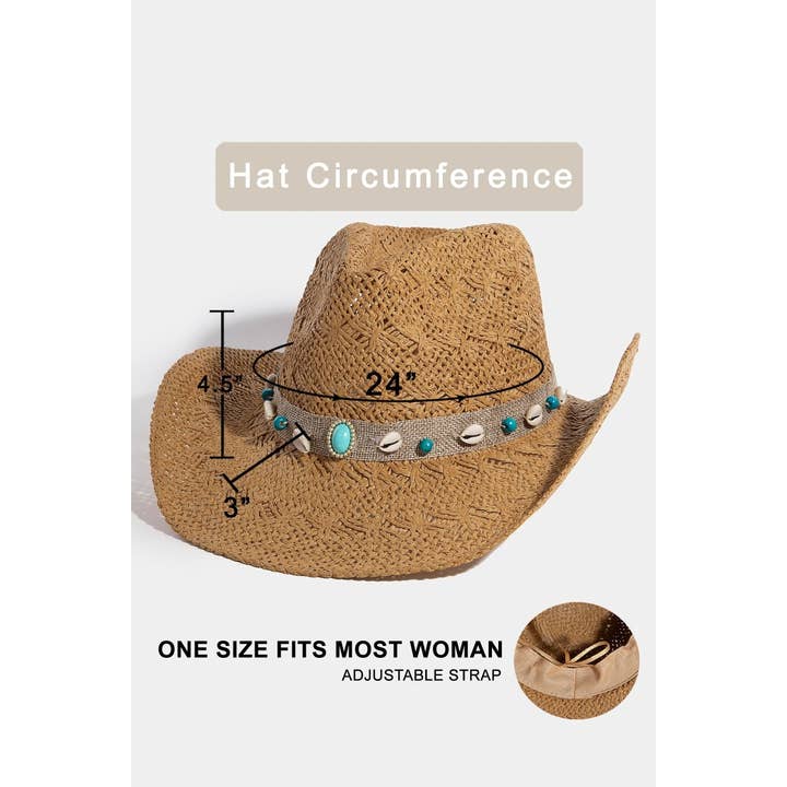 Collections by Fame Accessories - Wholesale Fedora - Women's - Sea Shell Band Straw Western Cowboy Hat