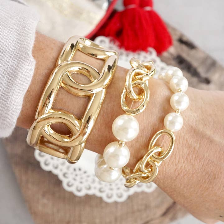 PennyLine inc - Wholesale Beaded Bracelet - Chunky Chain and pearls beads bracelet Gold tone3