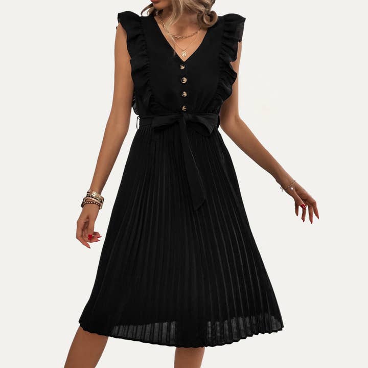 Timeless Black V-Neck Sleeveless Pleated Midi Dress for wholesale by The Moment Collection