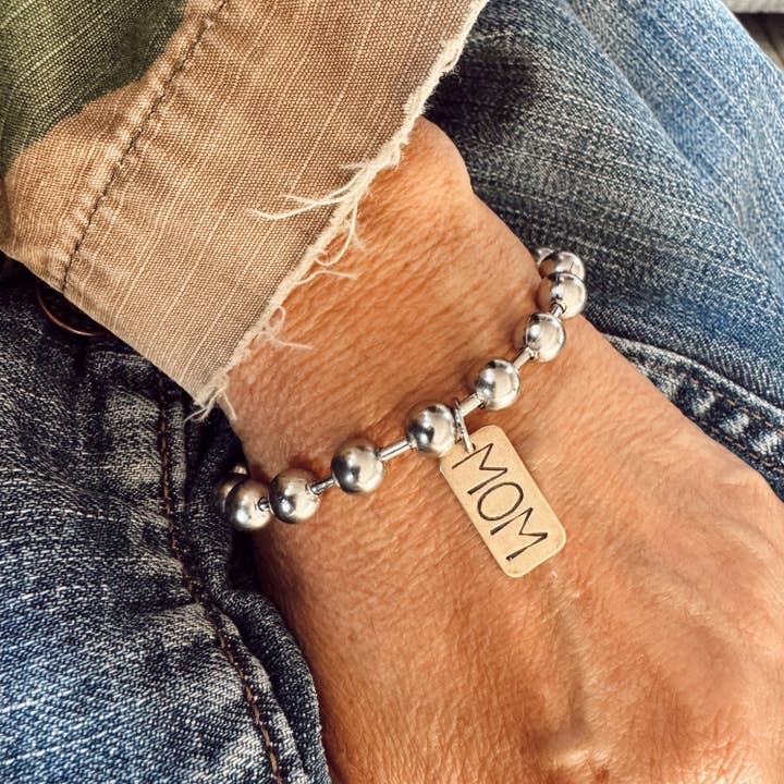 Hand Stamped MOM Brass Tag Bracelet for wholesale by Sosobella Designs
