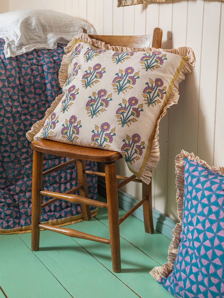 Cornflower & Lilac Block Print Cushion Cover for wholesale by Ian Snow Ltd