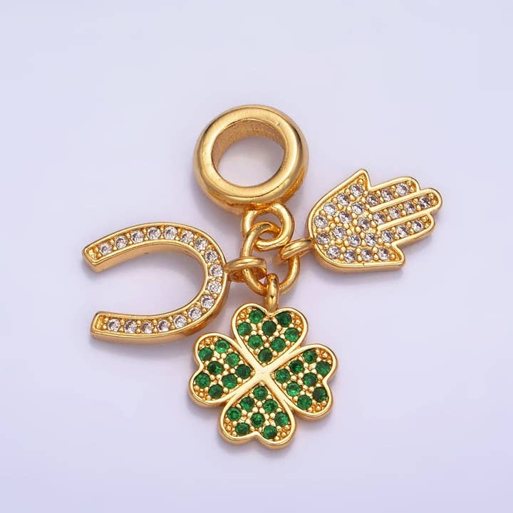Aim Eternal – wholesale Individual charm/pendant – 24K Gold Filled CZ Micro Paved Horse Shoe, Four Leaf Clover, Hamsa Hand Rhondelle Drop Lucky Charms | W421