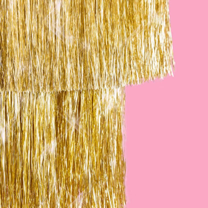 xo, Fetti - Wholesale Decal - Party Decorations - Golden Fringe Chandelier - sparkly foil, 16" tall x 12" wide