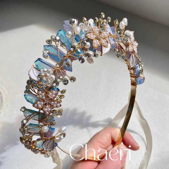 CHAERI - Wholesale Tiara – Women’s - CALISTA | Clear Crystal Quartz Crown with Floral Charms2