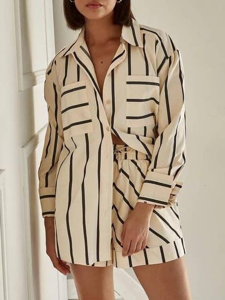 HIDDENBRAND - Wholesale Top & Short Set (NOT Loungewear) - Women's - Smart Casual Striped Contrasting Shirt Shorts Set