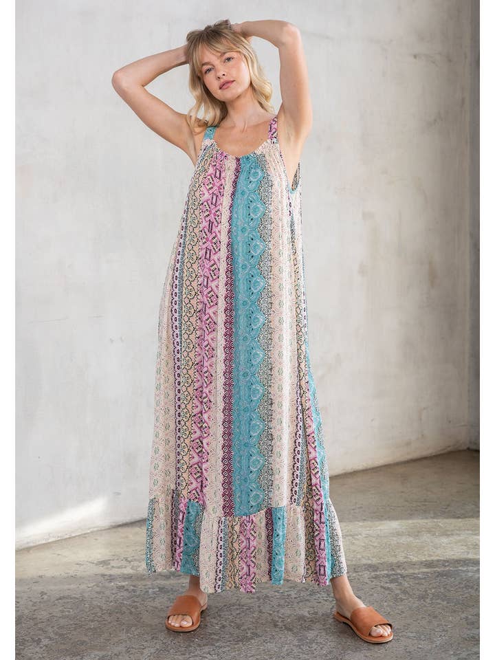 Lovestitch - Wholesale Dress - Women's - Boho Multi-Color Resort Flowy Tank Maxi Dress