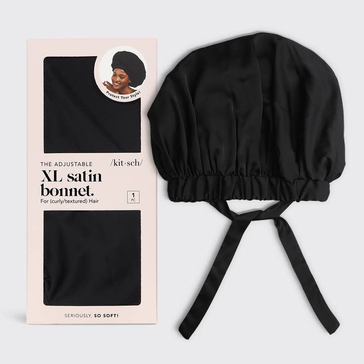 KITSCH - Wholesale Sleep Cap / Bonnet - Women's - Satin Sleep XL Adjustable Bonnet - Black
